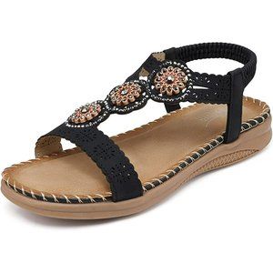 Size 11.5 SHIBEVER Sandals for Women Bohemian Flat Rhinestone Comfortable Beaded